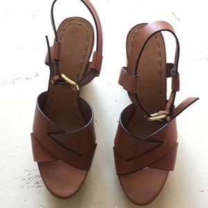 Tahari brown cognac leather wedge sandals cork
